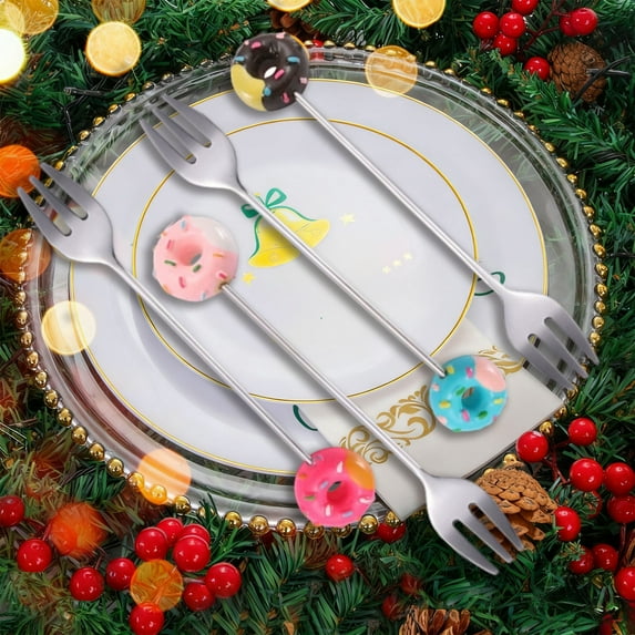Christmas Donut Stainless Steel Cutlery Set - Festive Coffee Spoon and Dessert Fork with Donut Handle, Holiday Tableware Gift Set for Christmas Parties