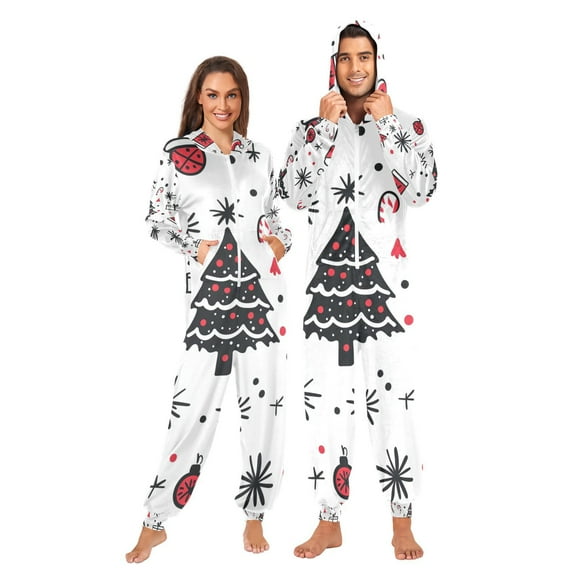 Christmas Doodle Gifts Adult Onesie Pajamas Slim Fit Christmas One Piece Suit Pjs for Women and Men Hooded Zipper
