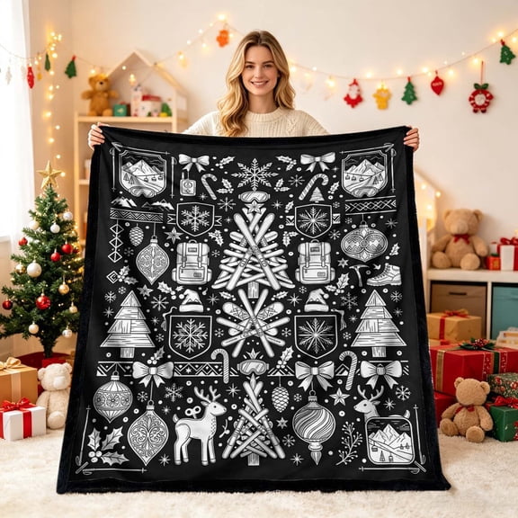 Christmas Doodle Throw Blanket Soft Coloring Mat with DIY Hand Coloring Print Pattern Festive Art Activity Throw for Sofa Bed Home Party Indoor 50x59.06Inch