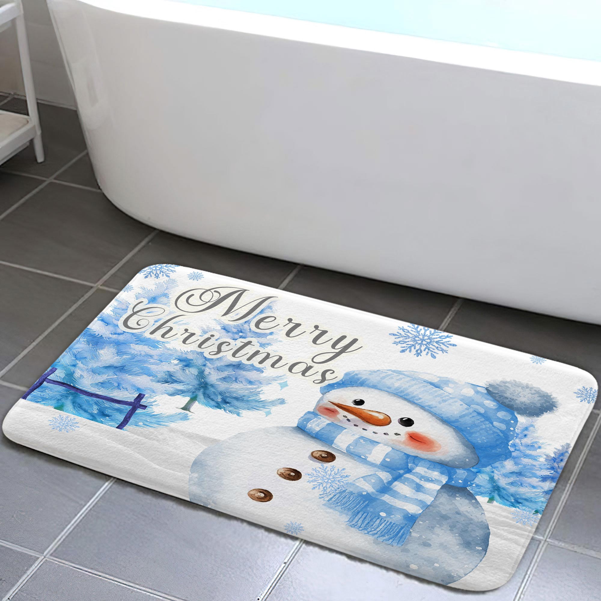 Christmas Door Bath Mat, Blue Cute Snowman Christmas Tree Nature Forest Door Mat Bath Mat Rug, Non-Slip Entrance Door Rugs for Indoor Outdoor Bathroom,17X48
