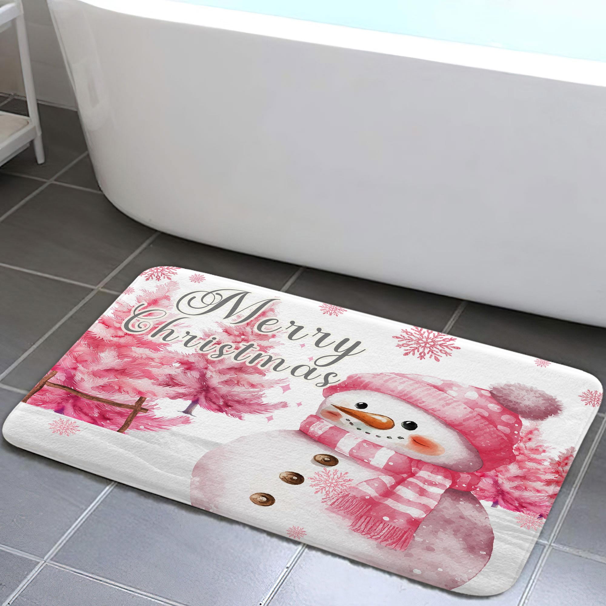 Christmas Door Bath Mat, Pink Cute Snowman Christmas Tree Nature Forest Door Mat Bath Mat Rug, Non-Slip Entrance Door Rugs for Indoor Outdoor Bathroom,17X48
