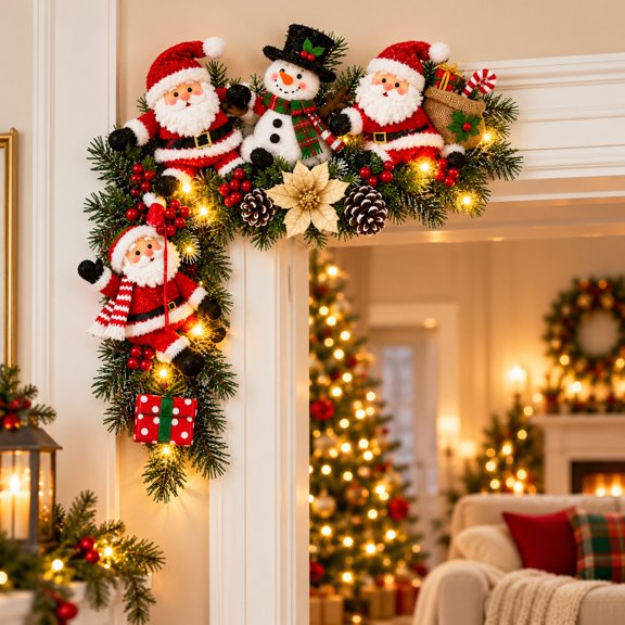 Christmas Door Corner Decor With Pine Branches And Pinecone, Christmas Corner Wreath with Wood Base for Festive Seasonal Decoration