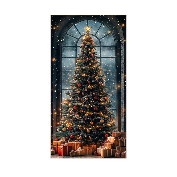 Christmas Door Cover 35 x 71 Inch, Christmas Tree Pattern Polyester Door and Wall Decoration for Holiday Party, Indoor Outdoor Festival Décor