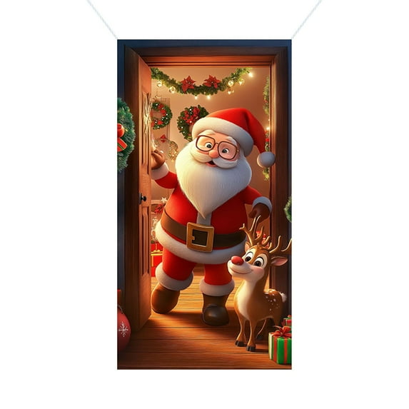 Christmas Door Cover 35 x 71 Inch, Santa Claus Pattern Polyester Door and Wall Hanging Decoration with Rope for Holiday Party and Home Décor