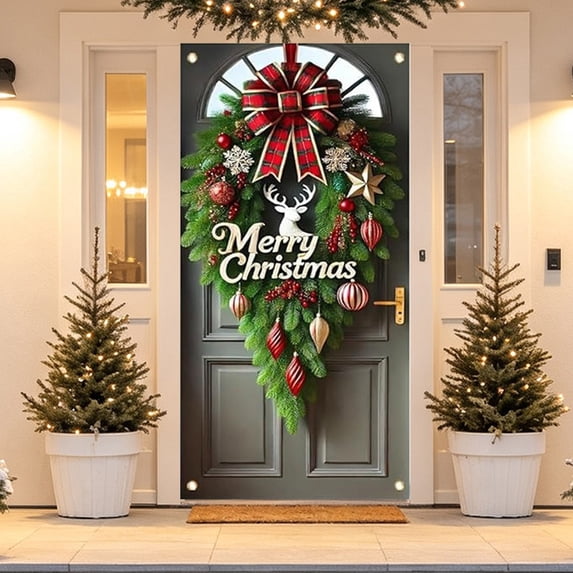 Christmas Door Cover, 35"x71" Xmas Hanging Banner Holiday Backdrop, Merry Christmas Background for Home Holiday Decor, H