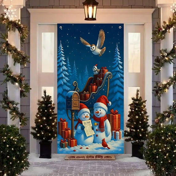 Christmas Door Cover 35x71 Inch Polyester Fabric Holiday Door Wall Decoration Festive Pattern Hanging Decor for Home Christmas Party Indoor Outdoor