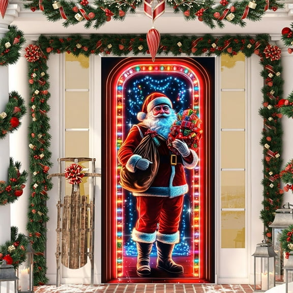 Christmas Door Cover - 35x71 Inch Santa Claus Pattern Holiday Decor, Front Door Decoration, Party Tablecloth, Reusable Festive Decor for Home & Office