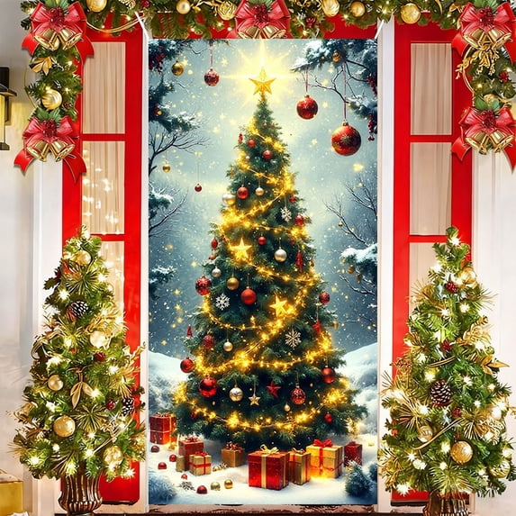 Christmas Door Cover 35x71 Inch - Santa Claus Pattern Polyester Holiday Decor for Front Doors, Fireplace Mantels & Dining Tables, Easy Hang Seasonal Home Accent (Red & Green)