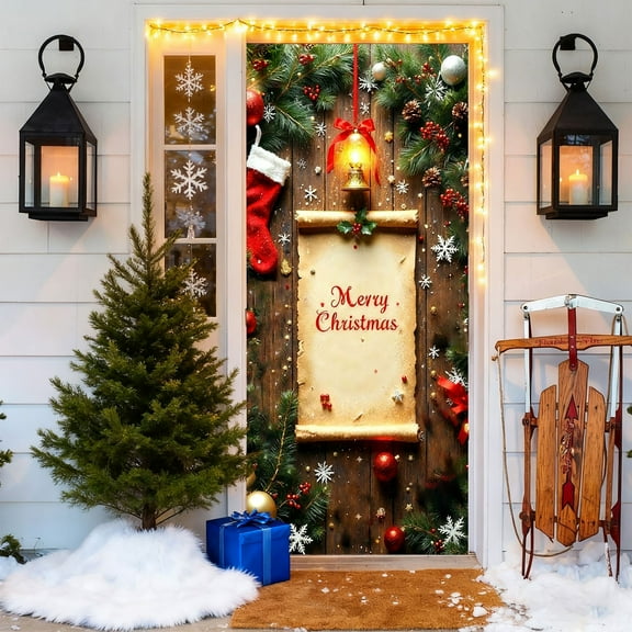 Christmas Door Cover 35x72 Inch, Santa Claus Design Polyester Fabric Decorative Curtain for Front Door, Wall, Party & Holiday Festive Decor Multicolor