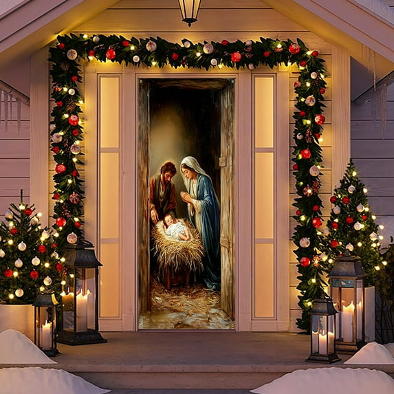 Christmas Door Cover under $5! CQCYD Christmas Tree Door Cover Decoration, Xmas Front Door Covers Banners Photography Background Decor for Indoor Outdoor Xmas Party Decoration