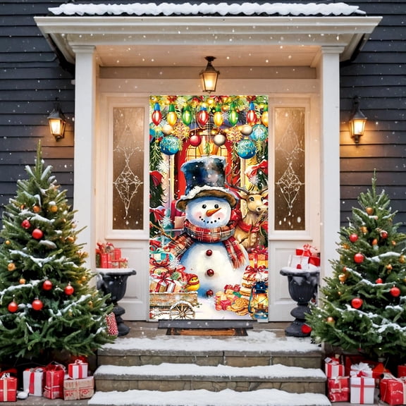 Christmas Door Cover 6x3Ft – Snowman Tree Reindeer Gift Pattern Door Banner | Xmas Decoration Photo Backdrop Indoor Outdoor