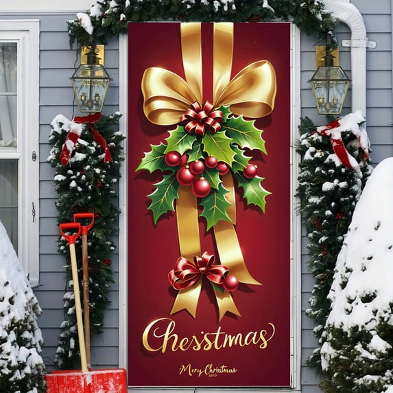 Christmas Door Cover Banner - 35×79 Inch Red Bow Gift Wrap Design Durable Polyester Door Curtain, Festive Holiday Decor for Front Door, Party & Christmas Scene Display