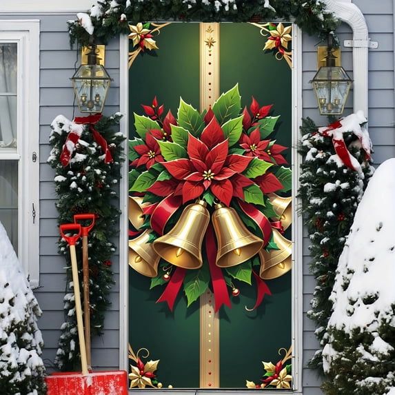 Christmas Door Cover Banner - 35×79 Inch Red Bow Gift Wrap Design Durable Polyester Door Curtain, Festive Holiday Decor for Front Door, Party & Christmas Scene Display