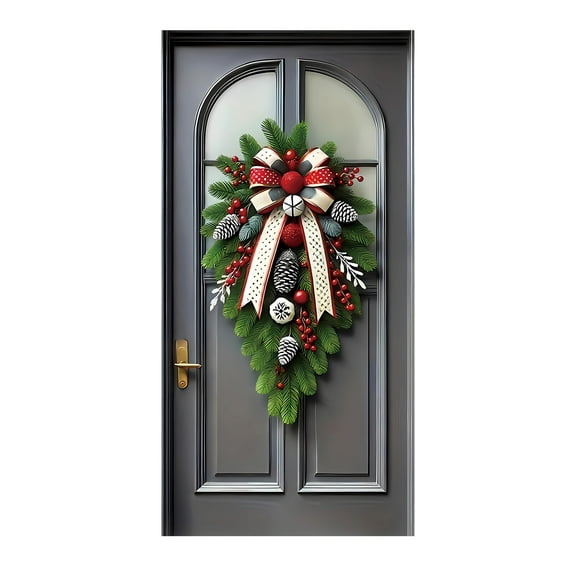 Christmas Door Cover Banner, 35"x71" Festive Wreath Backdrop Winter Front Door Hanging Banner Ornament, Seasonal Porch Entryway New Year Decoration Photography Background