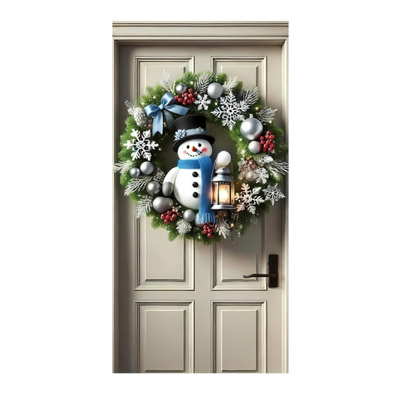 Christmas Door Cover Banner, 35"x71" Festive Wreath Backdrop Winter Front Door Hanging Banner Ornament, Seasonal Porch Entryway New Year Decoration Photography Background