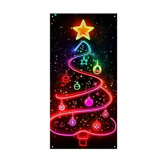 Christmas Door Cover Banner – 35x71inch Neon-Style PVC Hanging Decoration for Indoor Outdoor Front Doors, Walls or Party Setup – Holiday Curtain Flag Decor