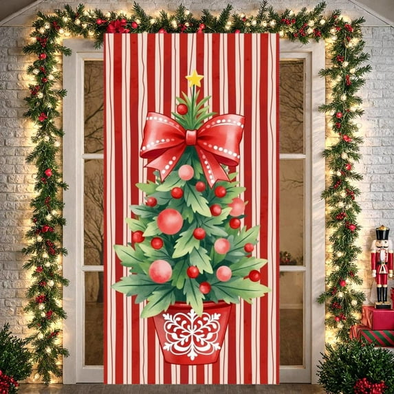 Christmas Door Cover Banner Corgi Dog Bow Bell Design Merry Christmas Banners Background for Winter Holiday Xmas Party Decoration