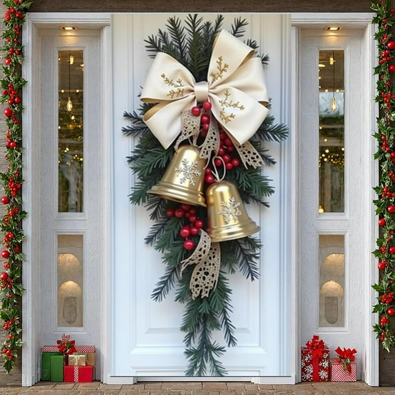 Christmas Door Cover Banner Corgi Dog Bow Bell Design Merry Christmas Banners Background for Winter Holiday Xmas Party Decoration