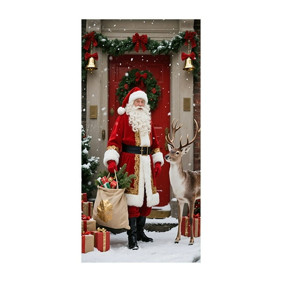 Christmas Door Cover Banner, Xmas Hanging Banner Holiday Backdrop Merry Christmas Santa Background for Home Holiday Decor 35.4 x 72.8in