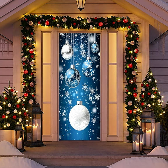 Christmas Door Cover, Blue Snowflake and Ornament Door Hanging Tapestry Decoration for Indoor Outdoor Holiday Party Front Door Wall Décor