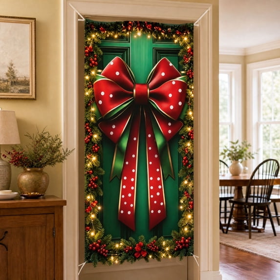 Christmas Door Cover Christmas Bow Holiday Front Door Decorative Backdrop -(90x180CM,Green)