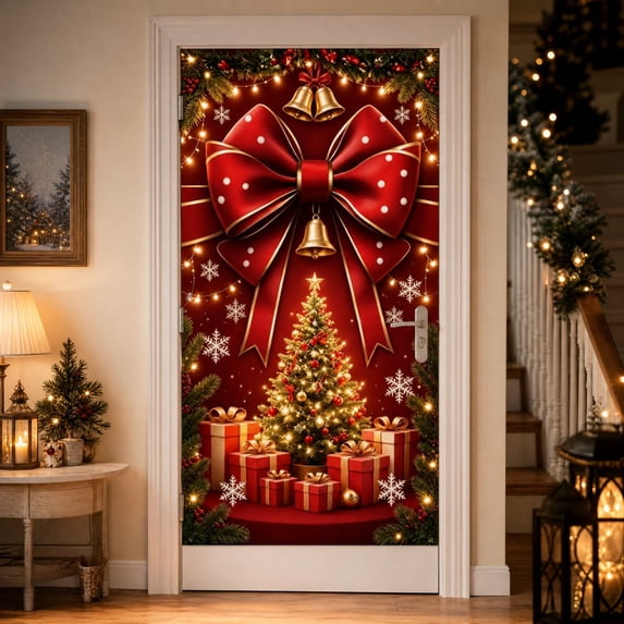 Christmas Door Cover Christmas Bow Holiday Front Door Decorative Backdrop -(90x180CM,Red)