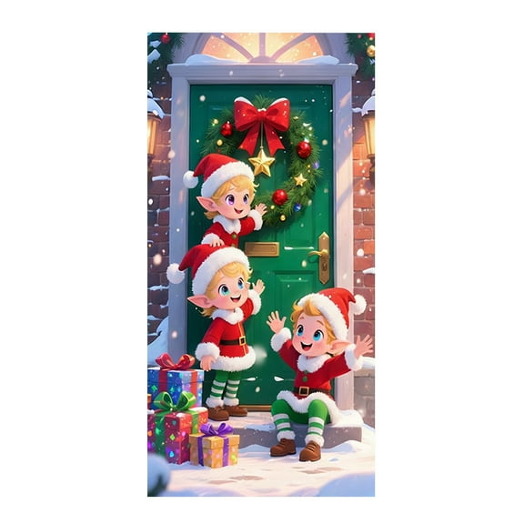 Christmas Door Cover, Christmas Elf Hanging Banner Photography Background 72.8x35.4in Door Decorations, Outdoor Decor Winter Xmas New Year Photo Booths Props