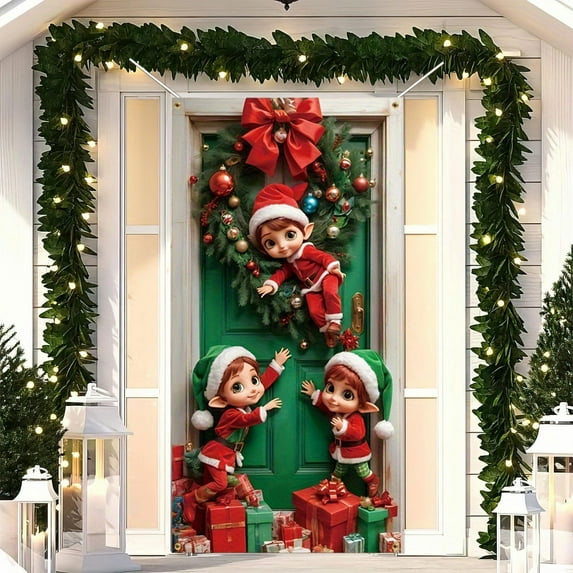 Christmas Door Cover Curtain – 35 x 71 Inch Holiday Door and Wall Decoration – Multicolor Bow Pattern Nylon Spandex Fabric for Christmas Party and Home Decor
