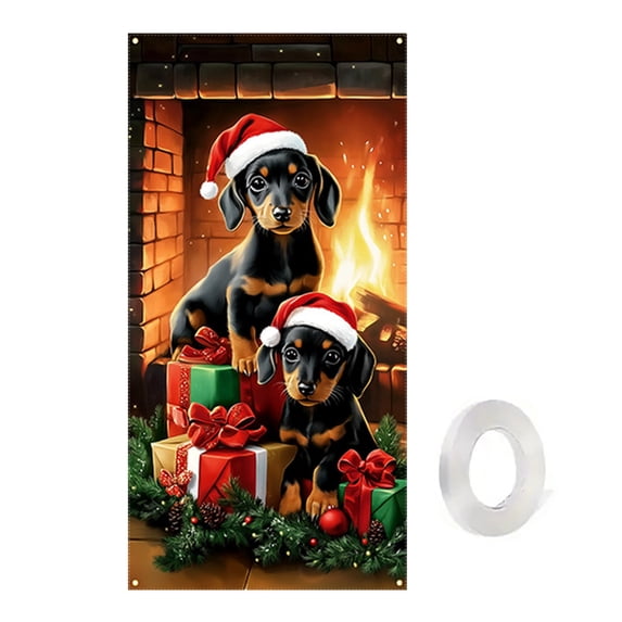 Christmas Door Cover Cute Dog with Santa Hat and Gift Box Print Xmas Fabric Door Decoration Hanging Banner for Front Door Party Decor Supplies Photography Backdrops