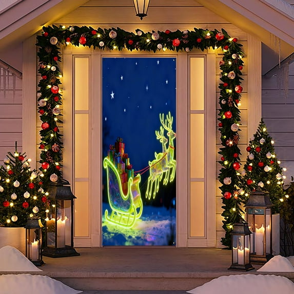 Christmas Door Cover Decoration – 35"x71" Polyester Fabric Tapestry for Indoor & Outdoor Use – “Merry Christmas & Happy New Year” Door Banner for Party, Home, School & Winter Events