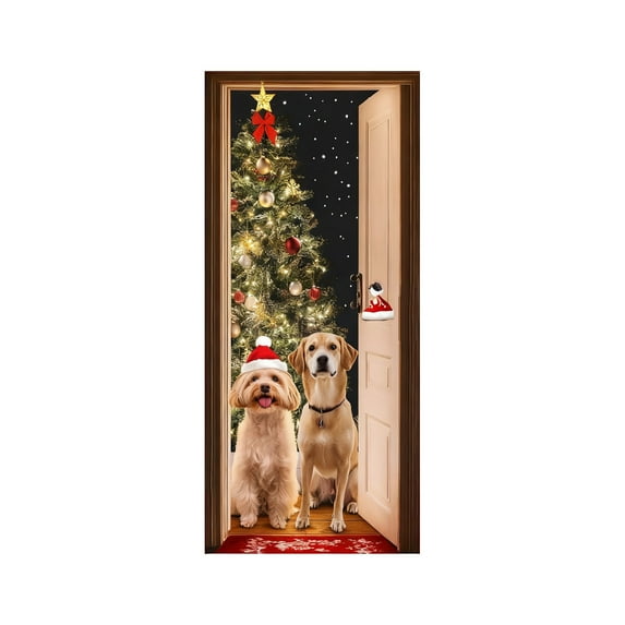 Christmas Door Cover Decoration – 70 x 35 in Funny Santa and Dog Design Holiday Door Banner for Front Door, Party, Indoor Wall or Table Use