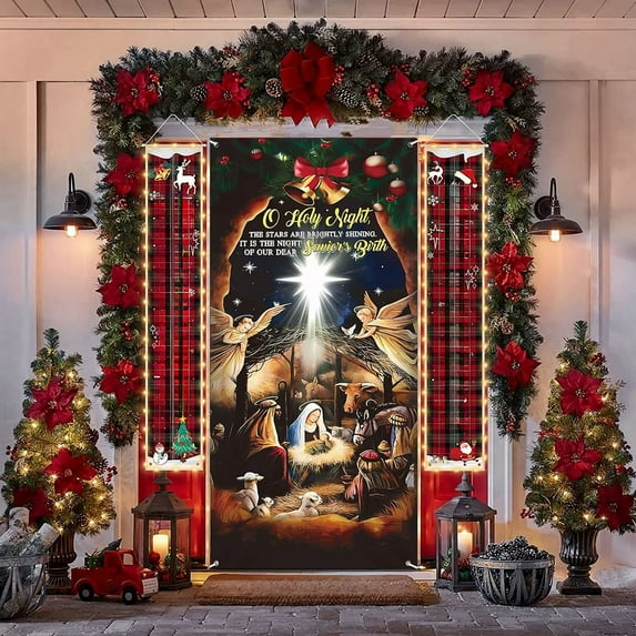Christmas Door Cover Decoration Ball Wreath Pattern Background Front Hanging Door Covers for Home Holiday Christmas Decorations 70.87×35.43Inch Multicolor