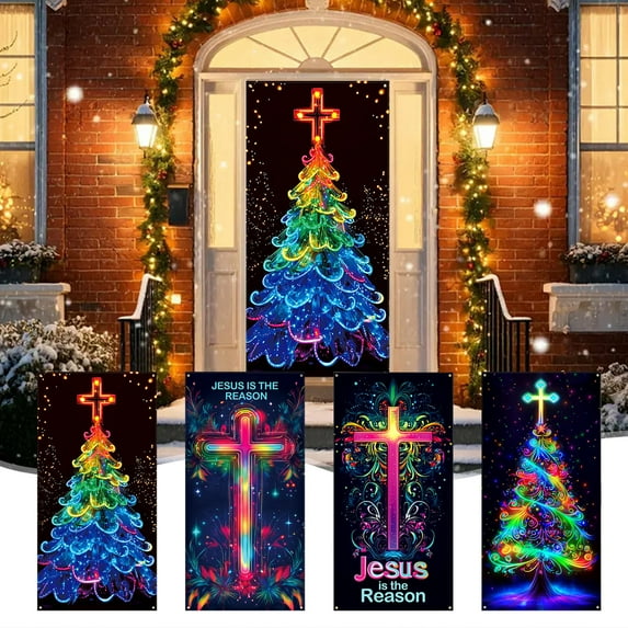 Christmas Door Cover Decoration Christmas Tree Door Cover With Rainbow Ornaments Christmas Tree Front Door Banner Hanging Colorful Party Backdrop Decoration Photo Background Winter Decoration