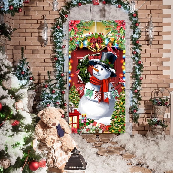 Christmas Door Cover Decoration, Colorful Christmas Snowman Snowflake Merry Christmas Door Cover, Winter Snowman Backdrop Background Banner for Front Door Porch Xmas Party Decor Supplies, 36X70IN