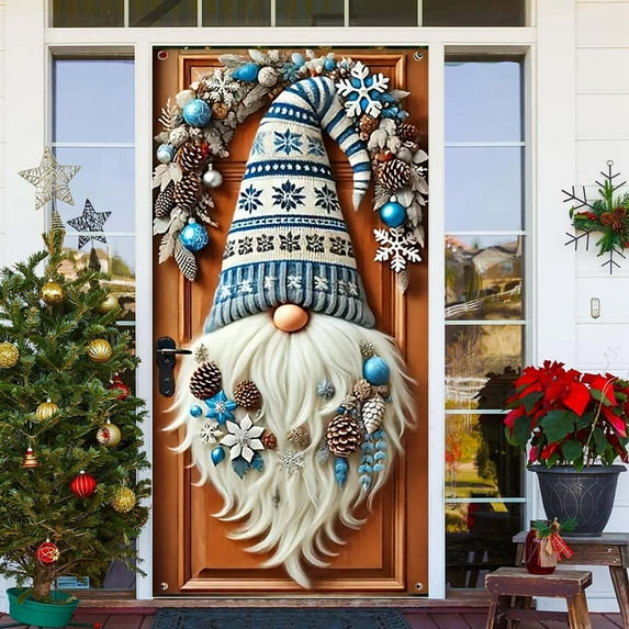 Christmas Door Cover Decoration Merry Christmas Gnome Door Hanging Banner Backdrop with Red Hat Door Cover Photography Background Winter Xmas New Year Decor(B)