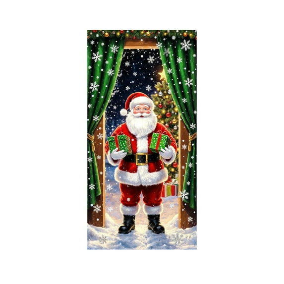 Christmas Door Cover Decoration Santa Claus Front Door Cover Xmas Hanging Banner Santa Background for Home Holiday Christmas Decoration, C