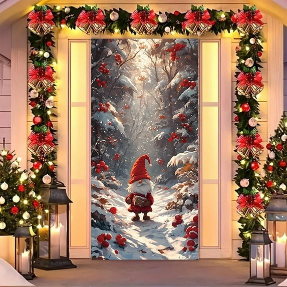 Christmas Door Cover Decorations for Front Door Polyester Fabric Holiday Door Hanging with Easy Install for Indoor Outdoor Christmas Decor