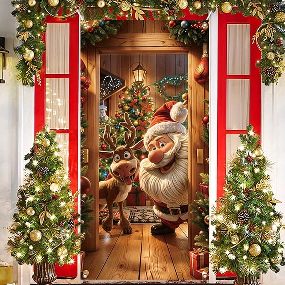 Christmas Door Cover Decorations with Santa Claus Snowman Reindeer Patterns for Holiday Party Indoor Outdoor Home Doorway Wall Festive Seasonal Décor
