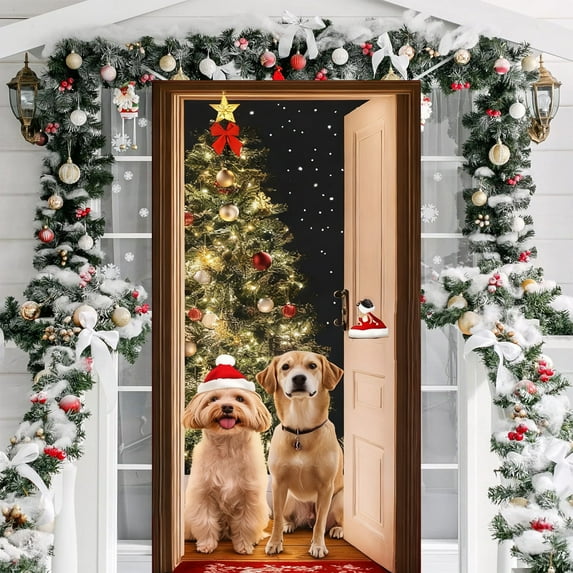 Christmas Door Cover with Dog Pattern - 70 x 35 Inch Festive Holiday Door Decor for Front Door, Polyester Hanging Door Decoration for Indoor Outdoor, Funny Xmas Welcome Sign for Party Wall