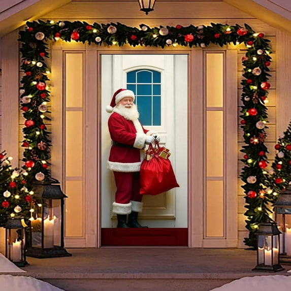Christmas Door Cover, Festive Santa Stuck on Door Curtain Decoration for Home Indoor Outdoor Holiday Party, Funny Christmas Scene Layout Background Cover Door Hanging Decor