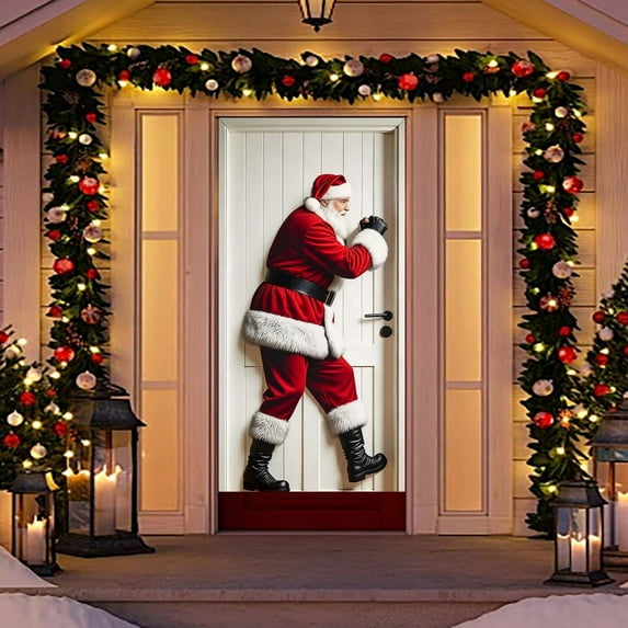 Christmas Door Cover, Festive Santa Stuck on Door Curtain Decoration for Home Indoor Outdoor Holiday Party, Funny Christmas Scene Layout Background Cover Door Hanging Decor
