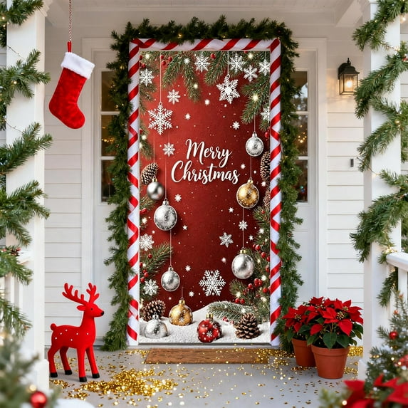 Christmas Door Cover Flag Door Decorative Polyester with Cartoon Character,Christmas Ball Snowflake Bow and Bells Background for Home Indoor Outdoor Winter Holiday Party Decor