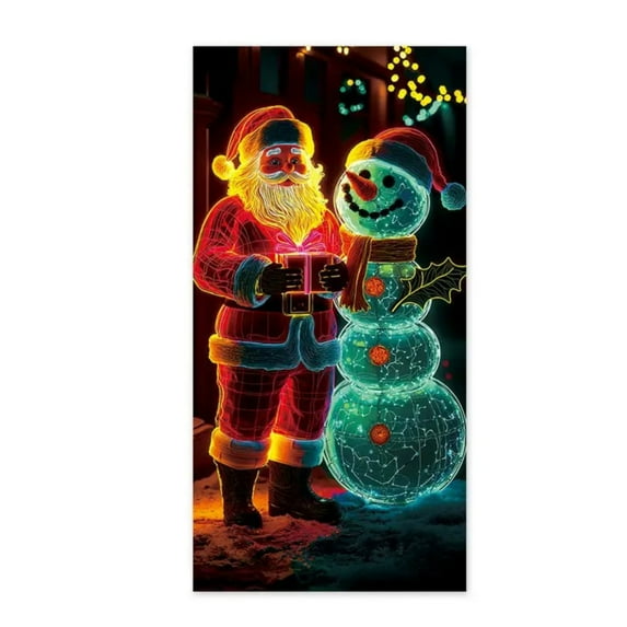 Christmas Door Cover, Fluorescent Glowing Santa Snowman Door Banner for Indoor Outdoor Holiday Party Decorations, Light-Up Night Scene Christmas Door Wrap for Home Front Porch Decor