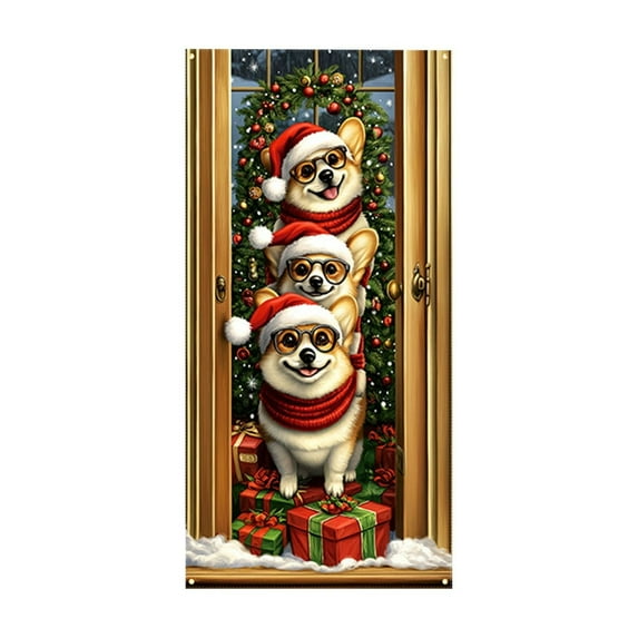 Christmas Door Cover, Front Door Covers Holiday Wall Decorations, Merry Xmas Backdrop Banner for Outdoor Home Office Classroom Decor, 71x35in