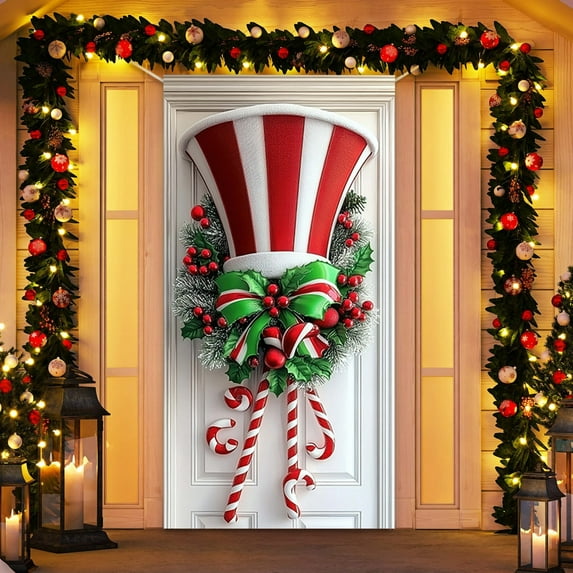 Christmas Door Cover with Giant Candy Canes & Holly Wreath,70.87" x 35.43" Front Door Banner,Winter Holiday Decor for Home/office,Xmas Party Supplies,New Year Decorations