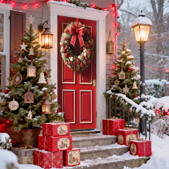 Christmas Door Cover, Holiday Door Banner, Bow and Wreath Print with Hanging Loop Design, Front Door Holiday Decor, 35.43 X 70.87 in