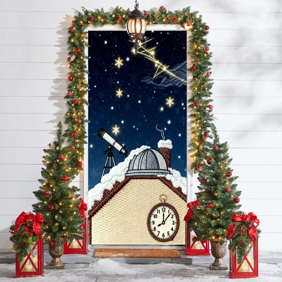 Christmas Door Cover, Holiday Door Banner, Winter Clock Tower Print with Hanging Loop Design, Front Door Holiday Decor, 35.43 X 70.87 in