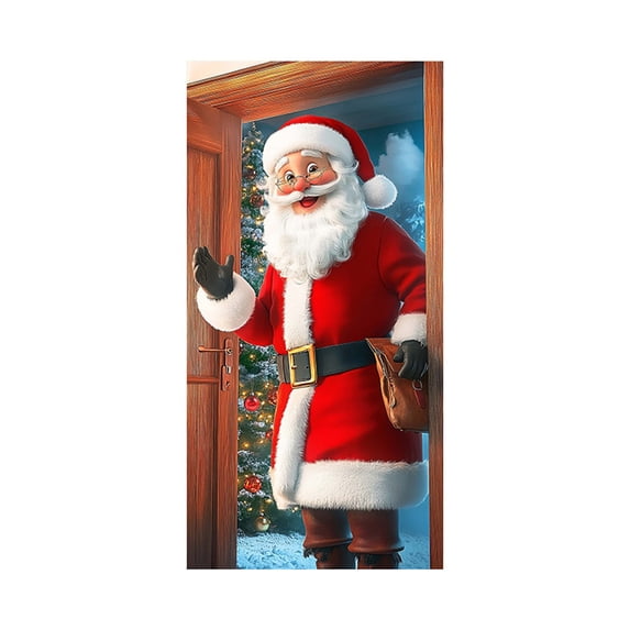 Christmas Door Cover – Ice Silk Polyester Fabric Holiday Door Decoration – 70.8 x 35.4 in Red Christmas Theme Hanging Curtain for Front Door, Indoor & Outdoor Display with Ropes Included