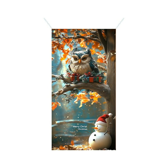Christmas Door Cover Owl Merry Christmas Background Banner Xmas Fabric Door Banner Photography Hanging Cover Photo Booth Props Decorations for House Door Decor, 70.9 x 35.4 Inch