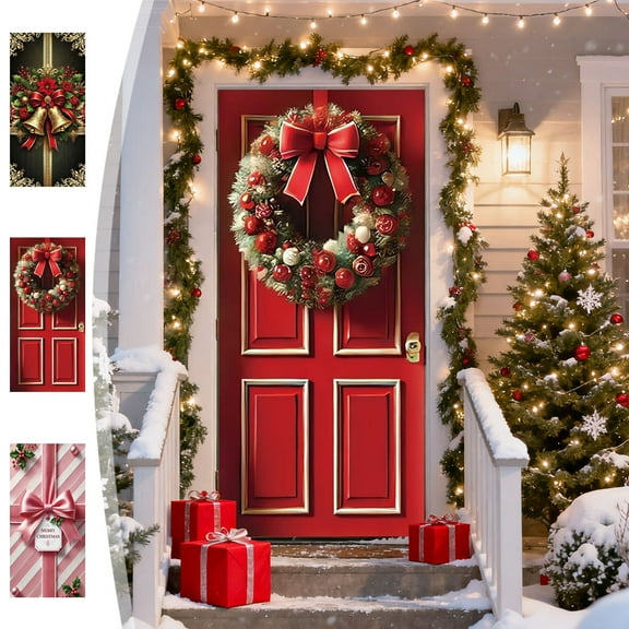 Christmas Door Cover Pink Christmas Gift Bow Door Cover Hanging Banner Front Door Backdrop Hanging Ornaments Decorations Photography Background Winter Holiday New Year Party 71 x 35 Inch(1PC)